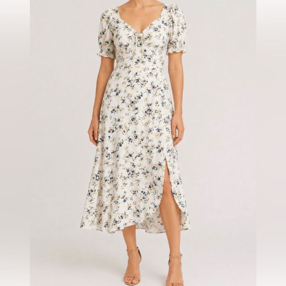 Abercrombie & Fitch Floral Midi Dress Large V-Neck Bow Slit